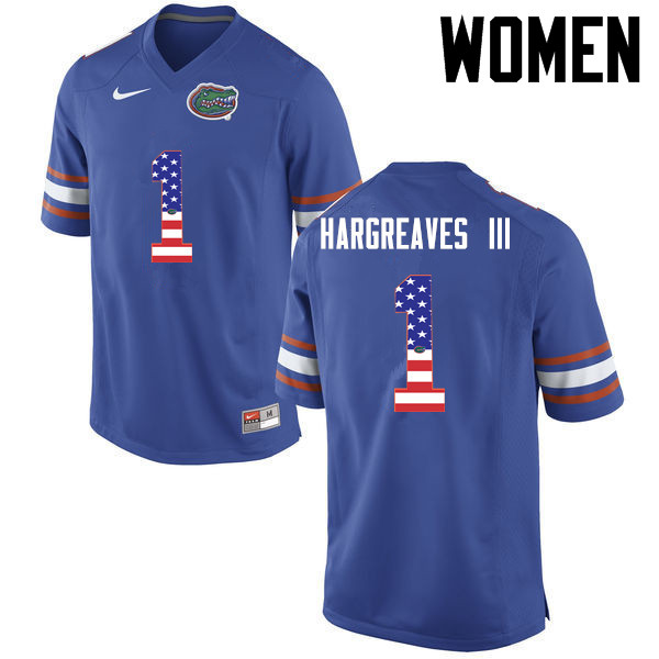 Women Florida Gators #1 Vernon Hargreaves III College Football USA Flag Fashion Jerseys-Blue - Click Image to Close
